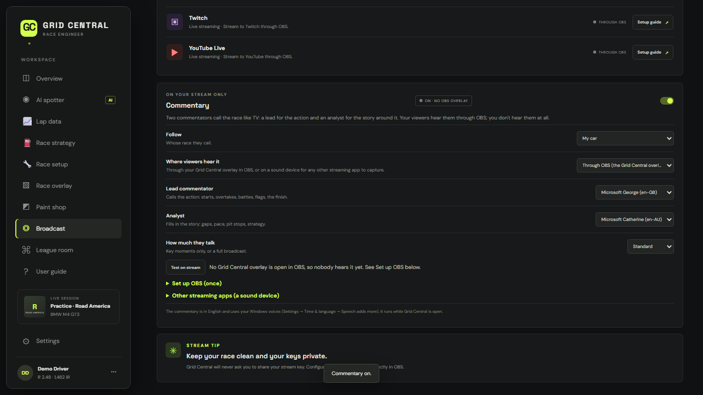 Commentary settings on the Broadcast page: whose race to follow, the two voices and how much they talk